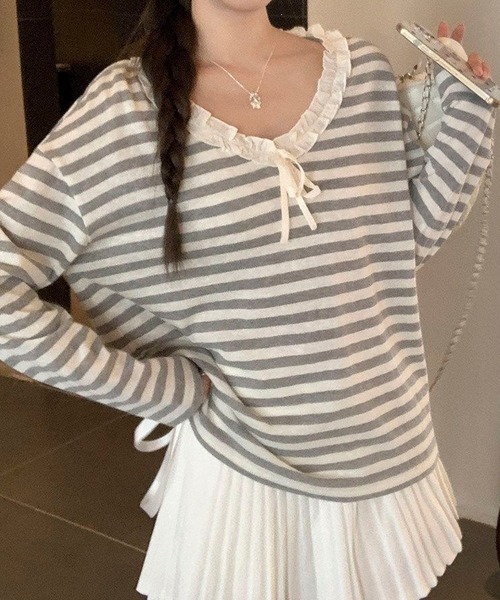 AVYL(アヴィル)の「フロントリボンレーストリムボーダー半袖リブトップス(Tシャツ/カットソー・レディース・グレー・M)」の8枚目の写真