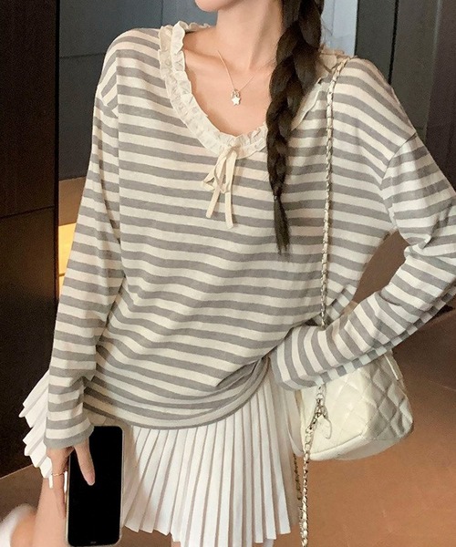 AVYL(アヴィル)の「フロントリボンレーストリムボーダー半袖リブトップス(Tシャツ/カットソー・レディース・グレー・M)」の9枚目の写真