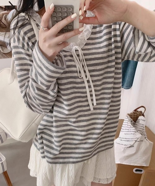 AVYL(アヴィル)の「フロントリボンレーストリムボーダー半袖リブトップス(Tシャツ/カットソー・レディース・グレー・M)」の10枚目の写真