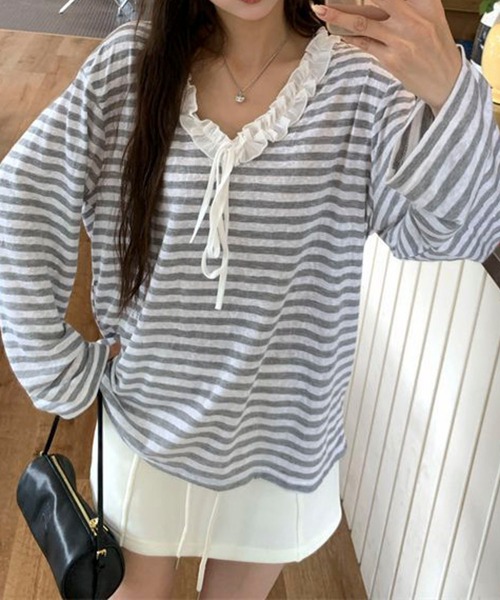AVYL(アヴィル)の「フロントリボンレーストリムボーダー半袖リブトップス(Tシャツ/カットソー・レディース・グレー・M)」の11枚目の写真