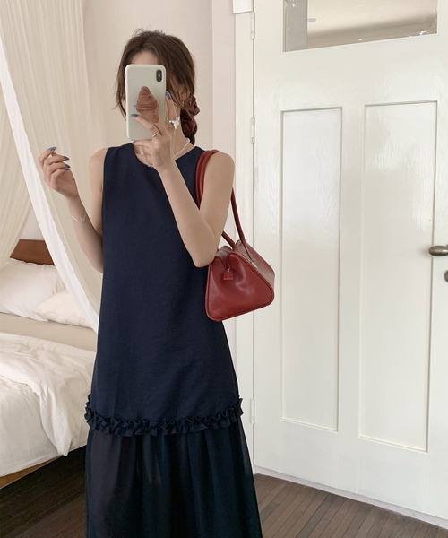 Doula Doula(ドゥーラドゥーラ)の「ノースリーブホイップフリル素材切り替えワンピース(ワンピース・レディース・ホワイト/ネイビー・FREE)」の7枚目の写真