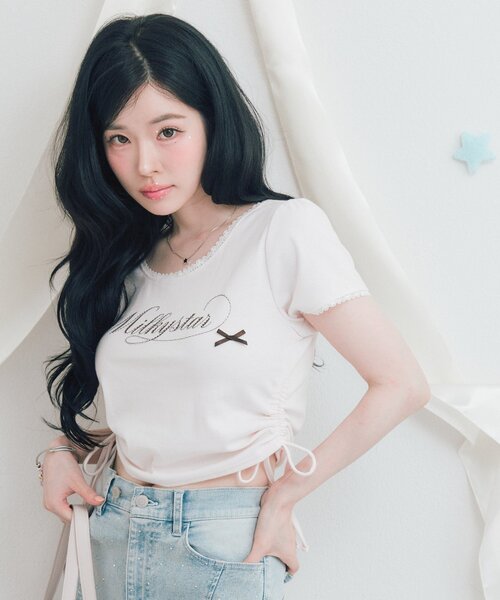 OLIVE des OLIVE(オリーブデオリーブ)の「Milky Star ドロストTシャツ(Tシャツ/カットソー・レディース・オフホワイト/サックスブルー/ピンク/ブラック・FREE)」の4枚目の写真