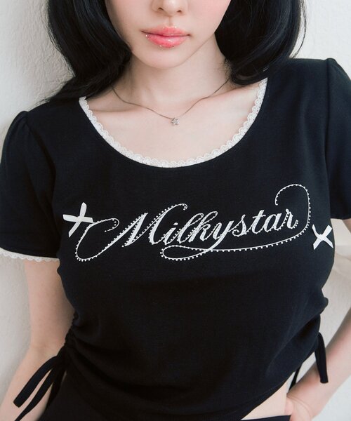 OLIVE des OLIVE(オリーブデオリーブ)の「Milky Star ドロストTシャツ(Tシャツ/カットソー・レディース・オフホワイト/サックスブルー/ピンク/ブラック・FREE)」の2枚目の写真
