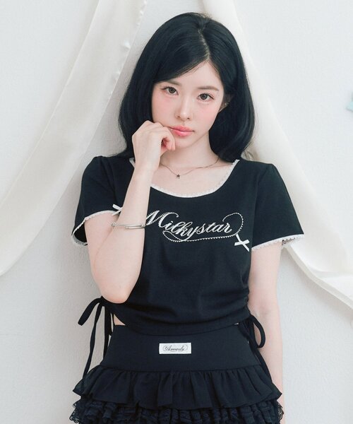 OLIVE des OLIVE(オリーブデオリーブ)の「Milky Star ドロストTシャツ(Tシャツ/カットソー・レディース・オフホワイト/サックスブルー/ピンク/ブラック・FREE)」の6枚目の写真