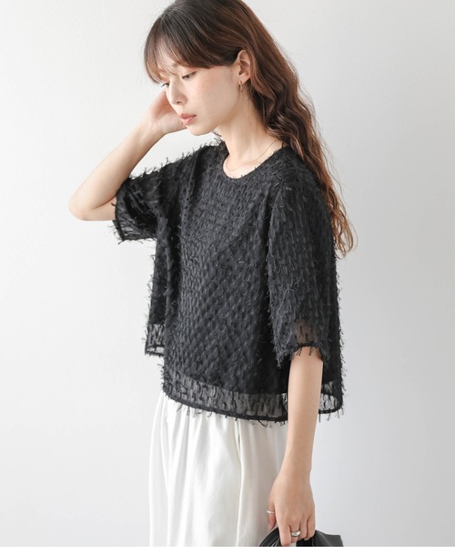 La-gemme(ラジェム)の「フリンジシアー ジャガードトップス(Tシャツ/カットソー・レディース・アイボリー/ブラック/ピンク・フリー)」の10枚目の写真