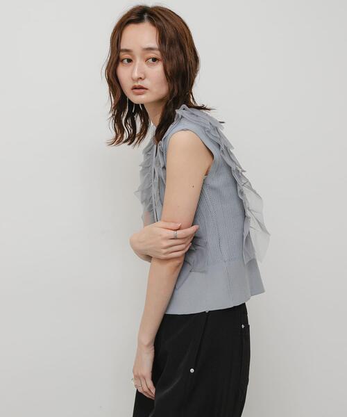 SENSE OF PLACE by URBAN RESEARCH(センスオブプレイスバイアーバンリサーチ)の「『洗濯可』シアーフリルドッキングニットカーディガン(カーディガン/ボレロ・レディース・ライトブルー/チャコールグレー/アイボリー・ONE)」の14枚目の写真