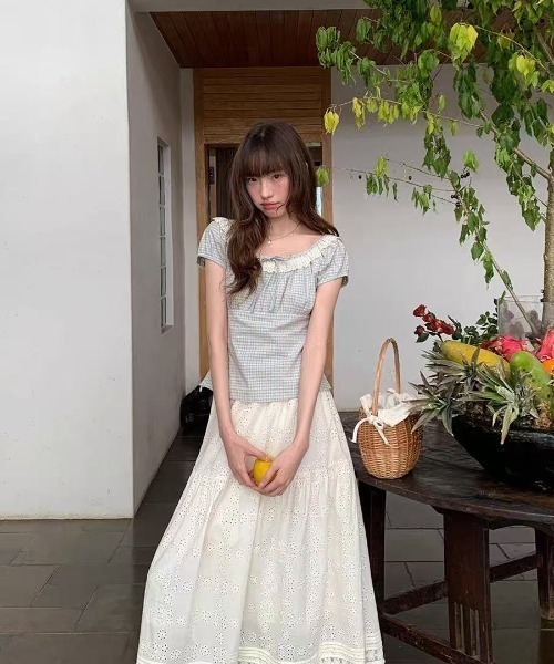 Lis ardent(リスアルダン)の「ギンガムチェックレースフリルスクエアネックトップス/パフスリーブ半袖ブラウス(シャツ/ブラウス・レディース・ブラウン/ブルー・M)」の15枚目の写真