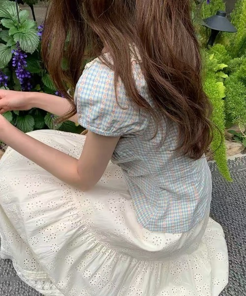 Lis ardent(リスアルダン)の「ギンガムチェックレースフリルスクエアネックトップス/パフスリーブ半袖ブラウス(シャツ/ブラウス・レディース・ブラウン/ブルー・M)」の20枚目の写真