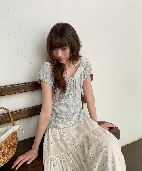 Lis ardent(リスアルダン)の「ギンガムチェックレースフリルスクエアネックトップス/パフスリーブ半袖ブラウス(シャツ/ブラウス・レディース・ブラウン/ブルー・M)」の21枚目の写真