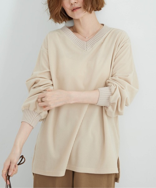 BELLUNA PLUS(ベルーナ)の「ニットリブVネックコーデュロイプルオーバー(Tシャツ/カットソー・レディース・セージグリーン/チャコール/アイボリー/コーラル・LARGE/MEDIUM/X-LARGE)」の5枚目の写真