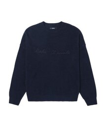 レディース クルーネック刺繍ニット (ネイビー)