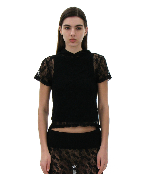 PARTIMENTO WOMEN(パルティメントウィメン)の「レースフードパーカーショートスリーブTシャツ_ブラック(Tシャツ/カットソー・レディース・ブラック・SMALL)」の1枚目の写真