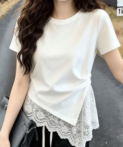 GLAMOROUS JANE(グラマラスジェーン)の「裾レースレイヤード風Tシャツ(Tシャツ/カットソー・レディース・ホワイト/ブラック・FREE)」の3枚目の写真