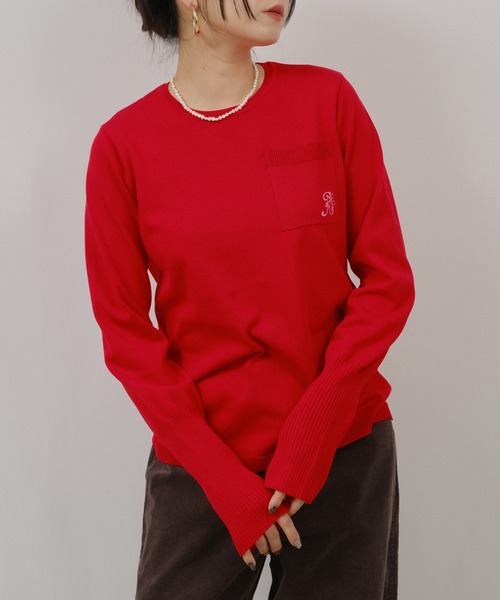 palm RICHE（ポームリシュ）の「ハイゲージ刺繍ロゴニット（Tシャツ/カットソー・レディース・ライトベージュ/レッド/ブラック・M）」の3枚目の写真