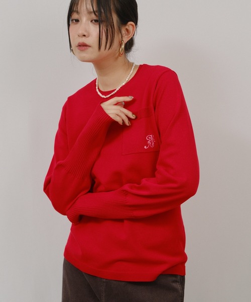 palm RICHE（ポームリシュ）の「ハイゲージ刺繍ロゴニット（Tシャツ/カットソー・レディース・ライトベージュ/レッド/ブラック・M）」の6枚目の写真