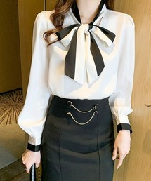 リボンタイボウタイブラウス 配色 長袖 【オフィスカジュアル】【きれいめカジュアル】 レディース韓国風 春服 秋服