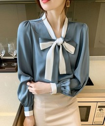 リボンタイボウタイブラウス 配色 長袖 【オフィスカジュアル】【きれいめカジュアル】 レディース韓国風 春服 秋服