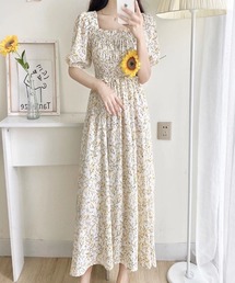 スクエアネックシャーリング花柄ワンピース