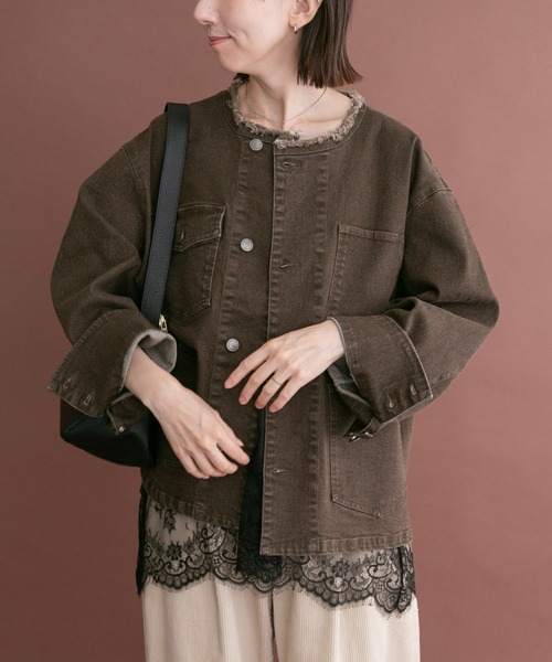 ITEMS URBANRESEARCH(アイテムズ アーバンリサーチ)の「デニムオーバーノーカラージャケット(デニムジャケット・レディース・インディゴブルー/ブラウン/ブラック・FREE)」の10枚目の写真