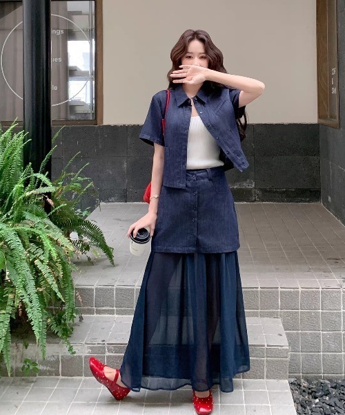 FAVORITO(ファヴォリート)の「襟付きトップススカートセットアップ(セットアップ・レディース・ブルー・S/L/M)」の11枚目の写真