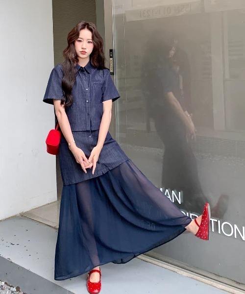 FAVORITO(ファヴォリート)の「襟付きトップススカートセットアップ(セットアップ・レディース・ブルー・S/L/M)」の16枚目の写真