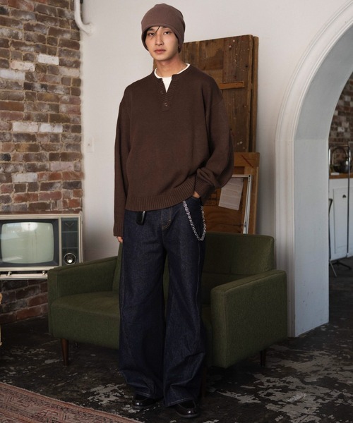 WEGO(ウィゴー)の「WEGO/【26年秋冬新作】レイヤードヘンリーネックプルオーバー(ニット/セーター・メンズ・ネイビー/ブラウン/杢グレー/ブラック・MEDIUM/LARGE)」の6枚目の写真