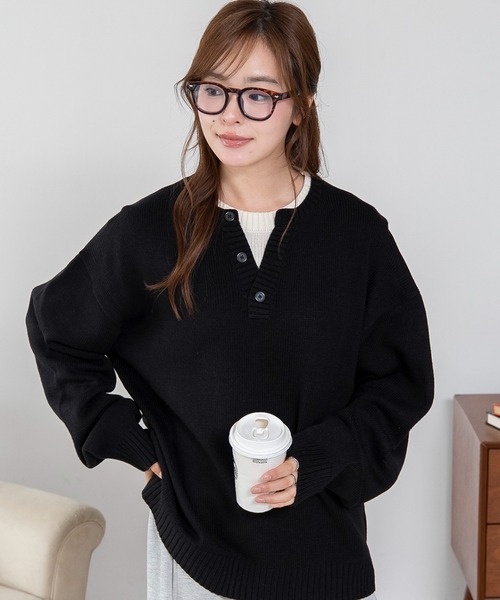 WEGO(ウィゴー)の「WEGO/【26年秋冬新作】レイヤードヘンリーネックプルオーバー(ニット/セーター・メンズ・ネイビー/ブラウン/杢グレー/ブラック・MEDIUM/LARGE)」の2枚目の写真