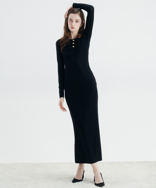 EIMY ISTOIRE(エイミーイストワール)の「EIMY BUTTON CUTSEW DRESS(ワンピース・レディース・ピンクベージュ/ブラック・FREE)」の3枚目の写真
