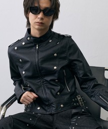 Military Studded Cropped Faux Leather Jacket / ミリタリースタッズクロップドフェイクレザージャケット