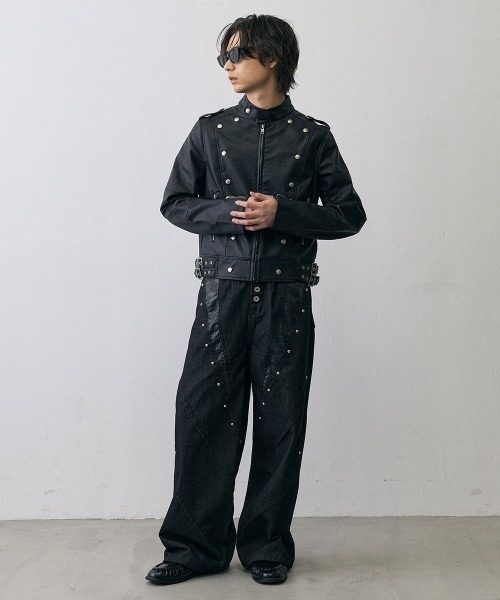 Shoowtime（ショウタイム）の「Military Studded Cropped Faux Leather Jacket / ミリタリースタッズクロップドフェイクレザージャケット（ミリタリージャケット・メンズ・ブラック・X-LARGE/LARGE/MEDIUM）」の11枚目の写真