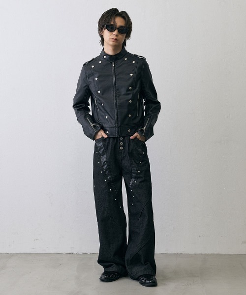 Shoowtime（ショウタイム）の「Military Studded Cropped Faux Leather Jacket / ミリタリースタッズクロップドフェイクレザージャケット（ミリタリージャケット・メンズ・ブラック・X-LARGE/LARGE/MEDIUM）」の12枚目の写真
