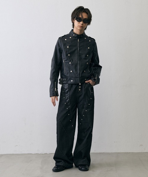 Shoowtime（ショウタイム）の「Military Studded Cropped Faux Leather Jacket / ミリタリースタッズクロップドフェイクレザージャケット（ミリタリージャケット・メンズ・ブラック・X-LARGE/LARGE/MEDIUM）」の13枚目の写真
