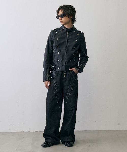 Shoowtime（ショウタイム）の「Military Studded Cropped Faux Leather Jacket / ミリタリースタッズクロップドフェイクレザージャケット（ミリタリージャケット・メンズ・ブラック・X-LARGE/LARGE/MEDIUM）」の14枚目の写真