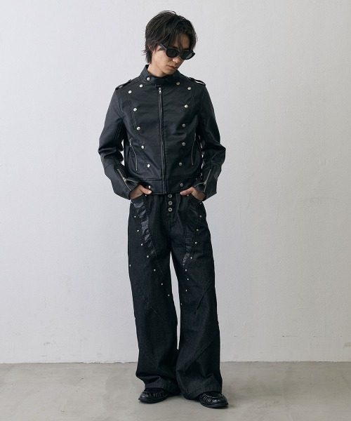 Shoowtime（ショウタイム）の「Military Studded Cropped Faux Leather Jacket / ミリタリースタッズクロップドフェイクレザージャケット（ミリタリージャケット・メンズ・ブラック・X-LARGE/LARGE/MEDIUM）」の15枚目の写真
