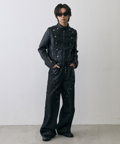 Shoowtime（ショウタイム）の「Military Studded Cropped Faux Leather Jacket / ミリタリースタッズクロップドフェイクレザージャケット（ミリタリージャケット・メンズ・ブラック・X-LARGE/LARGE/MEDIUM）」の17枚目の写真