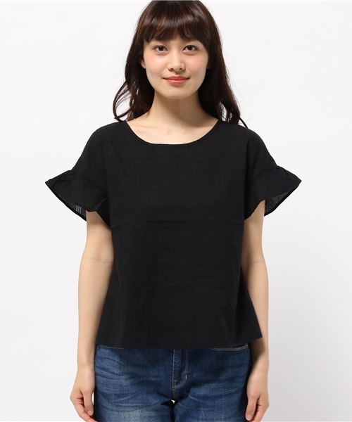 POU DOU DOU（プードゥドゥ）の「ドビー格子ノーカラーブラウス（シャツ/ブラウス・レディース・ブラック/オフホワイト/グリーン・3）」の4枚目の写真