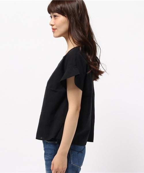 POU DOU DOU（プードゥドゥ）の「ドビー格子ノーカラーブラウス（シャツ/ブラウス・レディース・ブラック/オフホワイト/グリーン・3）」の5枚目の写真