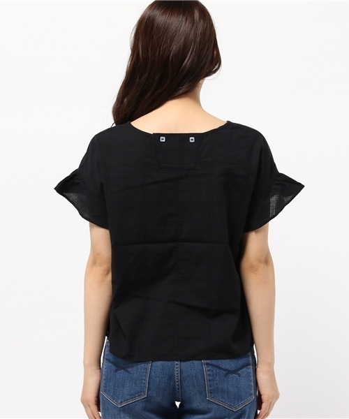 POU DOU DOU（プードゥドゥ）の「ドビー格子ノーカラーブラウス（シャツ/ブラウス・レディース・ブラック/オフホワイト/グリーン・3）」の6枚目の写真