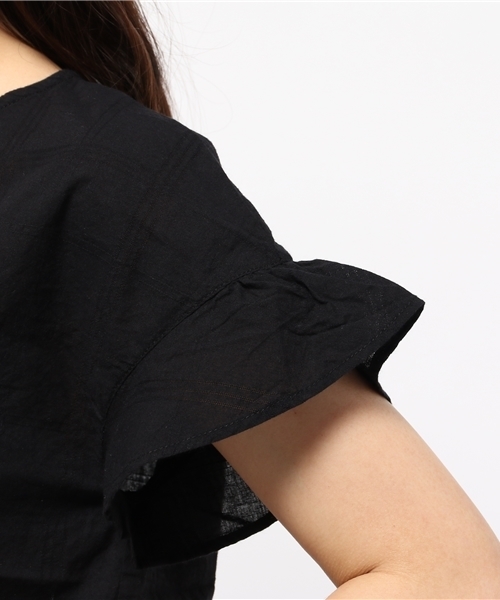 POU DOU DOU（プードゥドゥ）の「ドビー格子ノーカラーブラウス（シャツ/ブラウス・レディース・ブラック/オフホワイト/グリーン・3）」の9枚目の写真