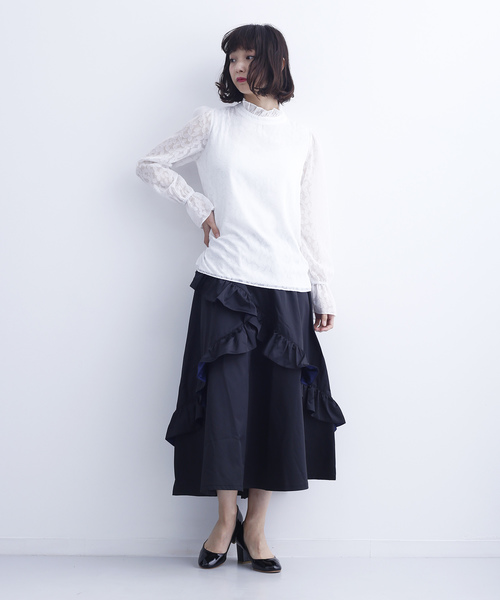 merlot plus(メルロープリュス)の「フリルネックシースルーブラウス6556(シャツ/ブラウス・レディース・ブラック/アイボリー・FREE)」の5枚目の写真