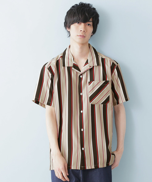 MONO-MART(モノマート)の「ポリトロマルチストライププリントオープンカラーシャツ(1/2 sleeve)(シャツ/ブラウス・メンズ・ブラック/オフホワイト/ブルー/キャメル・M/L)」の4枚目の写真
