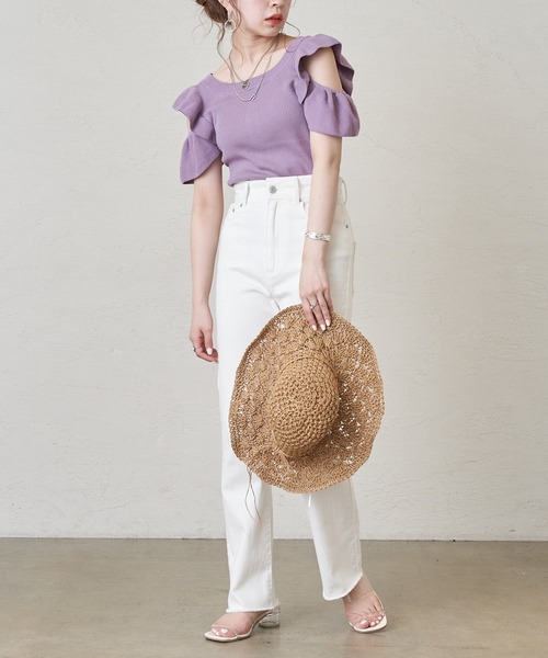 Chico（チコ）の「オープンショルダー配色リブニット（ニット/セーター・レディース・パープル/アイボリー/ピンク/ブラック/ブラウン・FREE）」の18枚目の写真