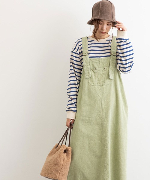 POU DOU DOU（プードゥドゥ）の「コーデュロイフロントポケットジャンスカ（ワンピース・レディース・ライトグレー/アイボリー/ミント/ブラウン・3）」の4枚目の写真