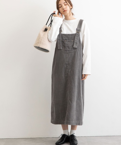 POU DOU DOU（プードゥドゥ）の「コーデュロイフロントポケットジャンスカ（ワンピース・レディース・ライトグレー/アイボリー/ミント/ブラウン・3）」の5枚目の写真