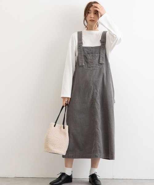 POU DOU DOU（プードゥドゥ）の「コーデュロイフロントポケットジャンスカ（ワンピース・レディース・ライトグレー/アイボリー/ミント/ブラウン・3）」の8枚目の写真