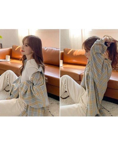 muahmuah(ムーアムーア)の「A'GEM/9 × .kom『muah muah/ムーアムーア』MUAH OVERFIT CHECK SHIRT/オーバーサイズチェックシャツ(シャツ/ブラウス・レディース・ベージュ/ネイビー/マスタード・FREE)」の9枚目の写真
