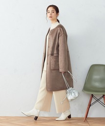 《リバーシブル》ノーカラーコート フェイクムートン×フェイクスエード