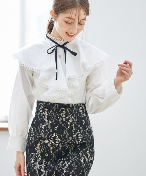 tocco closet（トッコ　クローゼット）の「リボン付きラッフルフリルブラウス（シャツ/ブラウス・レディース・オフホワイト/ブラック・M）」の6枚目の写真