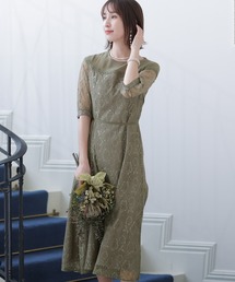 レース アップ パーティー ドレス 大きいサイズ ミモレ丈&袖あり 結婚式 フォーマル オケージョンドレス お呼ばれ 二次会 成人式