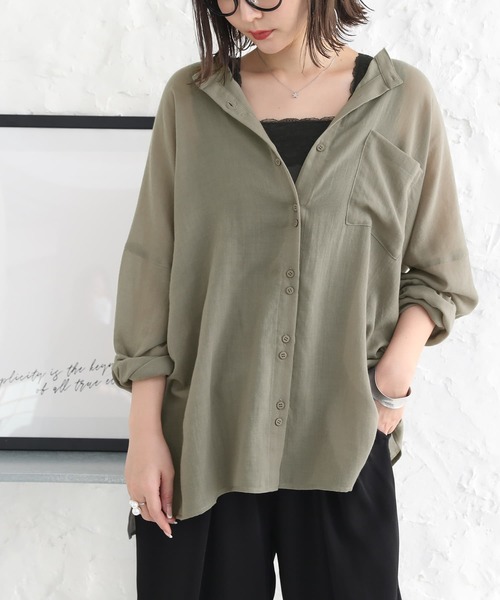 osharewalker（オシャレウォーカー）の「【廃盤】『バンドカラーボイルシアーシャツ』（シャツ/ブラウス・レディース・ブラック/カーキ/ライトベージュ・FREE）」の3枚目の写真